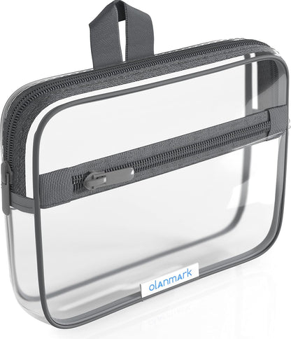 TSA Approved Toiletry Bag with Pocket - 311 Small Quart Size Cosmetic Case for Airport Liquids - Clear Makeup Pouch Transparent Plastic Zipper Organizer - PVC Travel Bags Grey