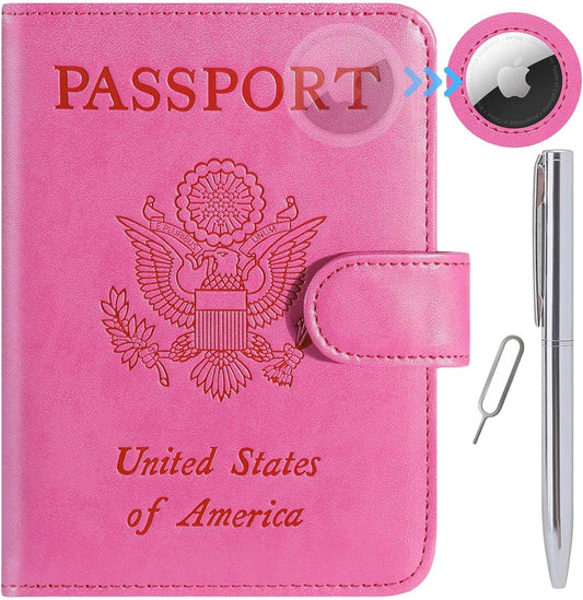 Airtag Passport Holder Cover Wallet RFID Blocking Leather Case Travel Essentials Luggage Accessories Travel Must Have(118#Pink)