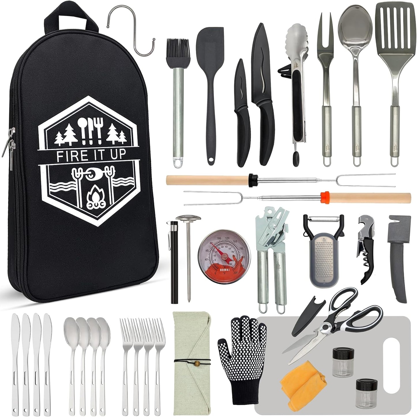 BOMKI Grilling & Camping Cooking Utensils - BBQ & Camping Kitchen Set - Cookware Accessories - Black Pro