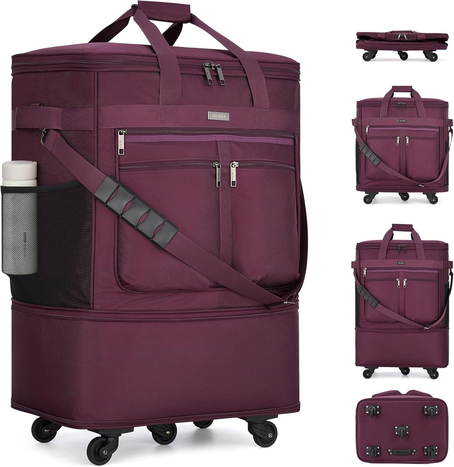 MILADA Expandable Luggage Bags for Travel Foldable Suitcase with Wheels Collapsible Rolling Travel Duffle Bag Lightweight Large Suitcases without Telescoping Handle, Purple