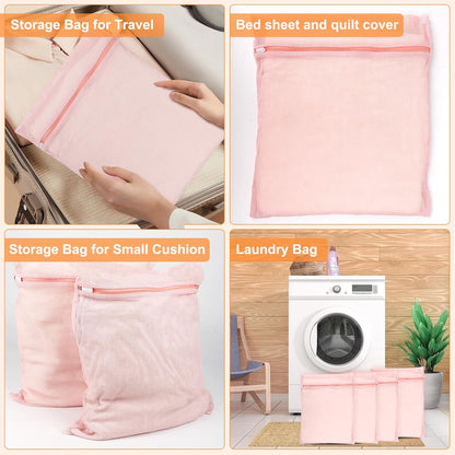 4-Piece Pink Large Durable Organic Cotton Mesh Laundry Bags with Sturdy Zippers and Breathable Mesh are Delicate Laundry Bags for Underwear, Clothes, Pants and Socks