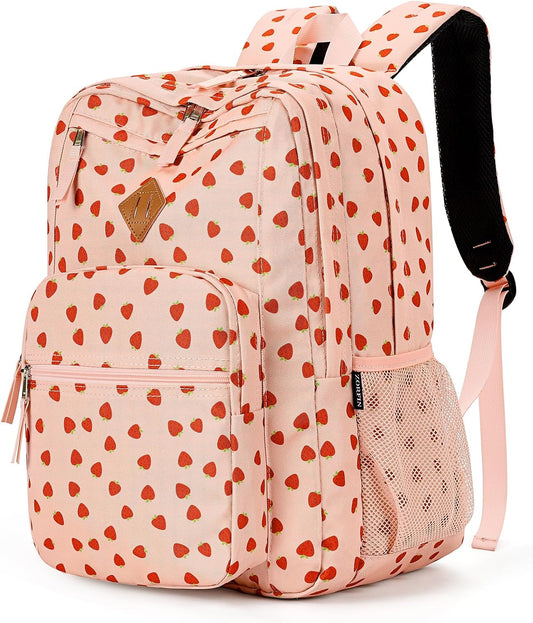 ZORFIN 26L Backpack for College, and Travel: Water Resistant Bookbag - Heart-shaped Strawberry pink