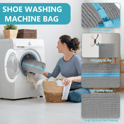 Shoe Washing Machine Bag - 2Pack Laundry Shoe Bag for Washer and Dryer, Reusable Shoe Cleaning Bag for All Shoe Sizes, 360° Deep Clean for Tennis Shoes, Sneakers, Includes 1 Brush(grey)