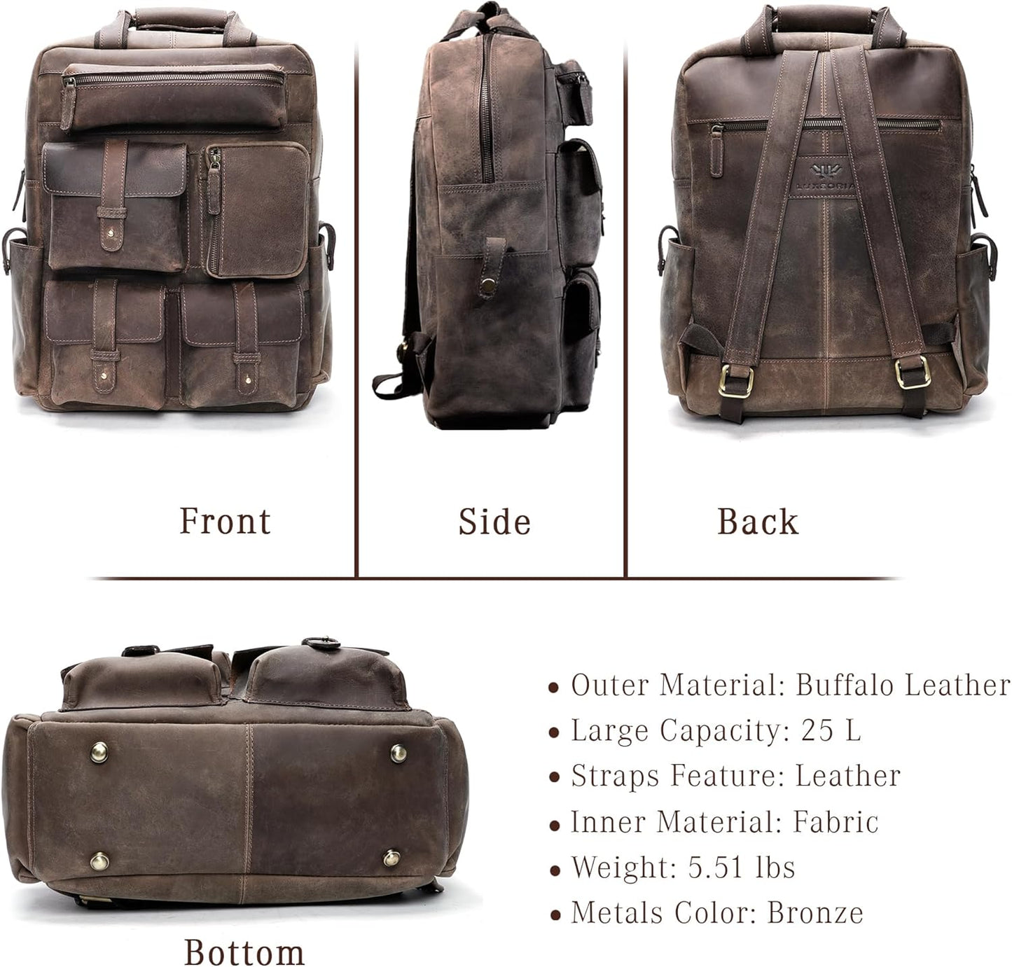 Handmade Leather Backpack for Men and Women, 15.6 Inch Laptop Bag, Genuine Leather Casual Daypack, For College & Office, Travel or Hiking - Retro Hunter Brown