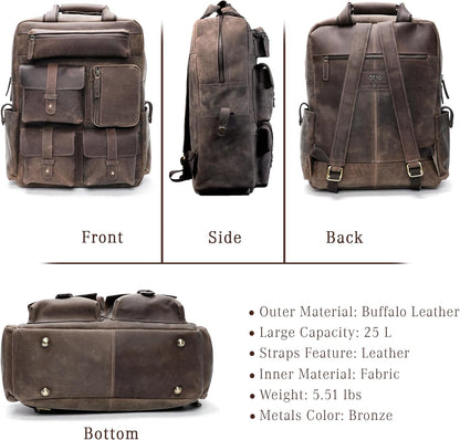 Handmade Leather Backpack for Men and Women, 15.6 Inch Laptop Bag, Genuine Leather Casual Daypack, For College & Office, Travel or Hiking - Retro Hunter Brown