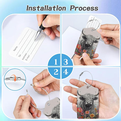 3 Pack Luggage Tag for Suitcase,Highland Cow Leather Luggage Tags with Privacy Cover Name ID Label Identifiers Travel Bag Tags for Women Men Boys Girls