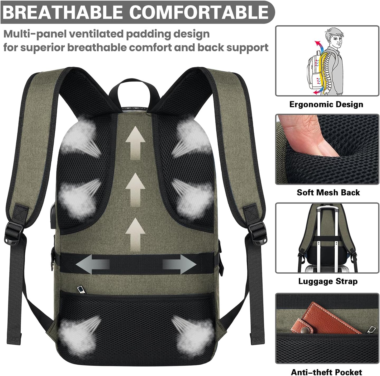 AMBOR Anti Theft Backpack, 15.6-17.3 inch Business Laptop Carry on Backpack with USB Charging Port and Headphone Interface, Travel Backpack for Men & Women