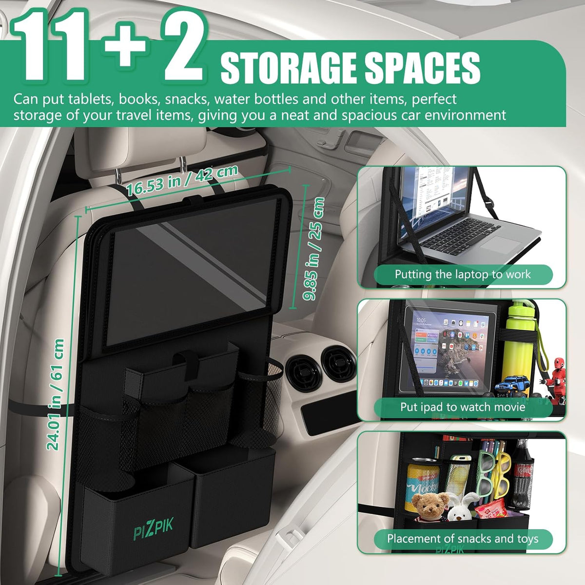 Car Backseat Organizer with Tablet Holder,11 Storage Pockets with Foldable Food Tray, Protector Kick Mats for Kids, Travel Accessories Organizer (Black, 1Pack)