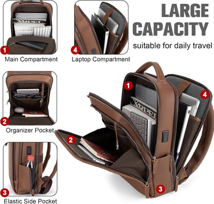 Tzowla Leather Laptop Backpack, Bag for Men and Women,Business Travel Work Rucksack Fits 15.6 Inch Laptop,Bookbag with USB and Type-C Charging Port-Black