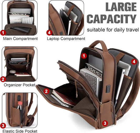 Tzowla Leather Laptop Backpack, Bag for Men and Women,Business Travel Work Rucksack Fits 15.6 Inch Laptop,Bookbag with USB and Type-C Charging Port-Black