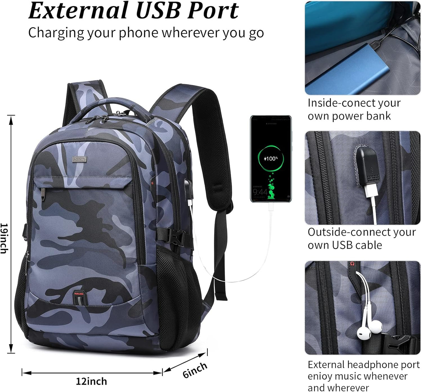 DUSLANG 17 Inch Travel Laptop Backpack Water Resistant Hiking Backpack for Men Laptop Bag with USB Charging Port,Camouflage green