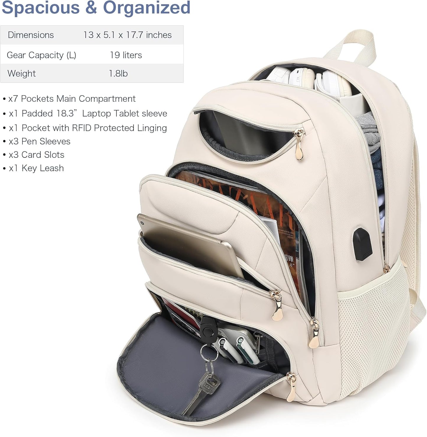 Boavan Laptop Backpack for women,15.6 inch Laptop Bag with USB Port, Waterproof Travel Work Backpack Purse, Anti-Theft Teacher Nurse Doctor Casual Bookbags Office Business backpack，Cream Beige