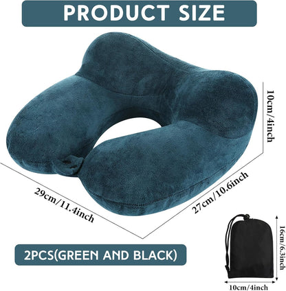 Sintuff 2 Pack Inflatable Travel Pillow for Airplanes Inflatable Neck Flight Pillows with Compact Bag and Blindfold for Traveling, Airplane, Train, Car, Office(Peacock Green and Black)