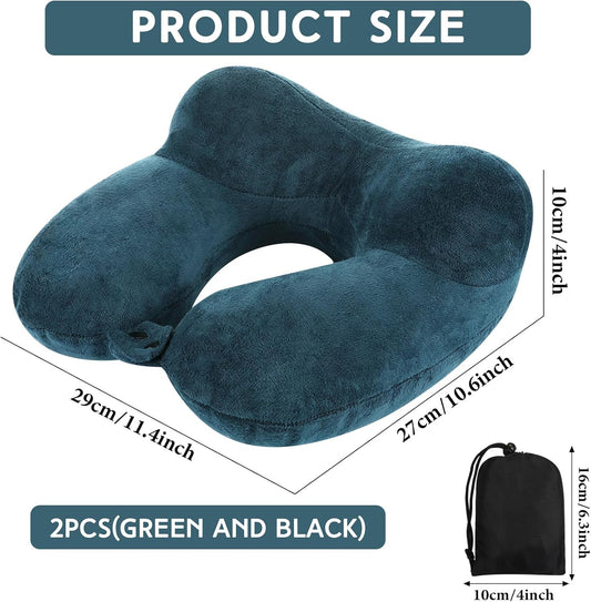 Sintuff 2 Pack Inflatable Travel Pillow for Airplanes Inflatable Neck Flight Pillows with Compact Bag and Blindfold for Traveling, Airplane, Train, Car, Office(Peacock Green and Black)