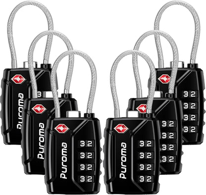 Puroma 6 Pack TSA Approved Luggage Locks, 4 Digit Combination Travel Locks Resettable Code Lock with Zinc Alloy Body for Suitcase, Toolbox, Backpack, Bag, Gym Locker (Black)
