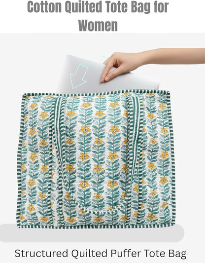 Cotton Quilted Tote Bag for Women – Large Beach & Travel Tote with Zipper, Reusable Grocery Bag