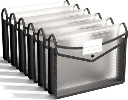 ABC life 6 Pack Plastic Expanding File Folder, Folders for Documents with Snap Closure, Black File Folder Organizer Holder, Transparent Accordion File Pouch,Large Capacity, Fit Letter/A4 Size - Black