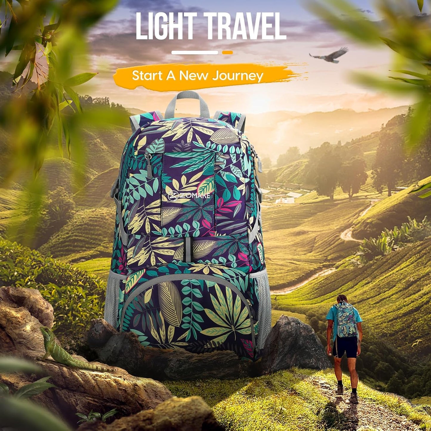 ZOMAKE Lightweight Packable Backpack 35L, Light Foldable Backpacks Water Resistant Collapsible Hiking Bag, Compact Folding Day Pack for Travel Camping(Mixed Color-Leaves)