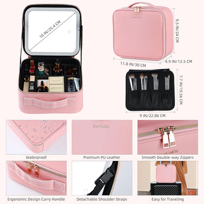 Travel Makeup Bag with LED Mirror – Waterproof Cosmetic Train Case with Adjustable Dividers, Portable Makeup Organizer and Toiletry Bag for Women, Teens & Girls Gift, Pink