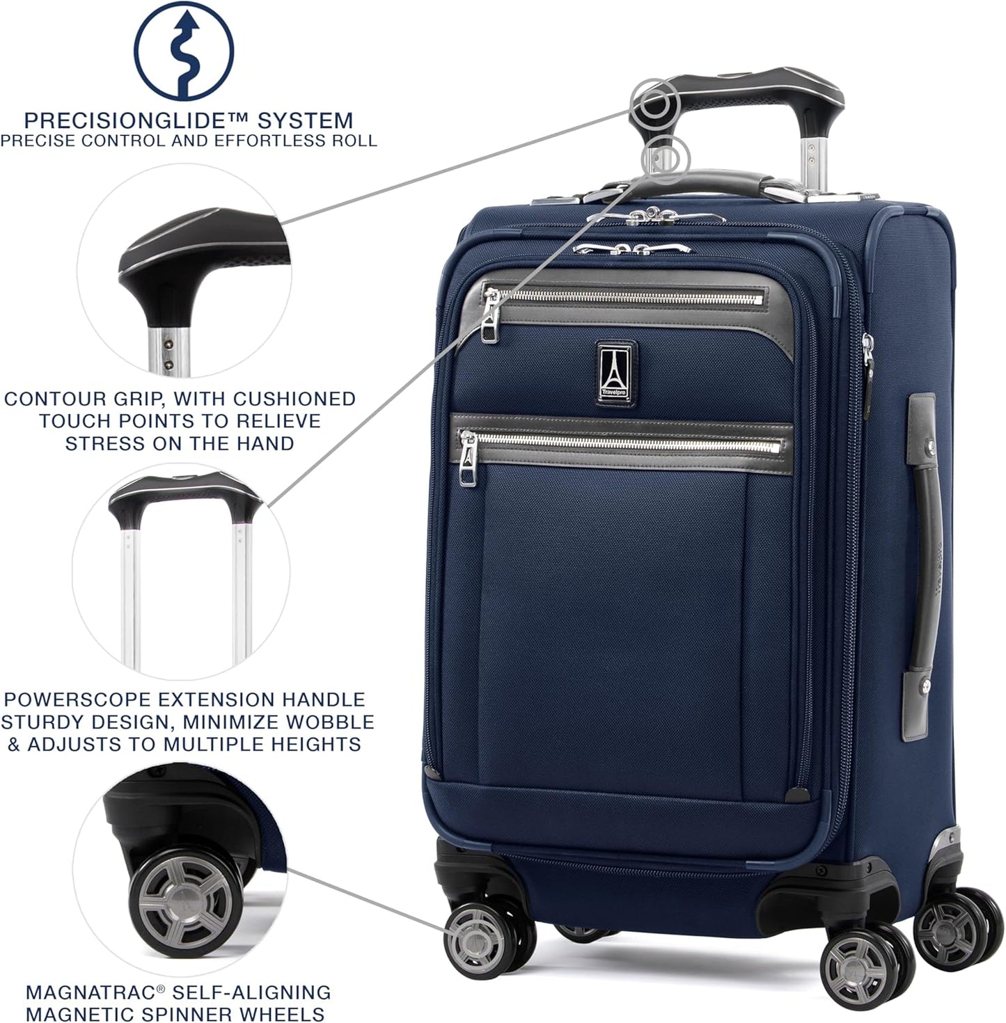 Travelpro Platinum Elite Softside Expandable Carry on Luggage, 8 Wheel Spinner Suitcase, USB Port, Suiter, Men and Women, Dark Blue, Carry On 21-Inch