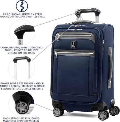 Travelpro Platinum Elite Softside Expandable Carry on Luggage, 8 Wheel Spinner Suitcase, USB Port, Suiter, Men and Women, Dark Blue, Carry On 21-Inch