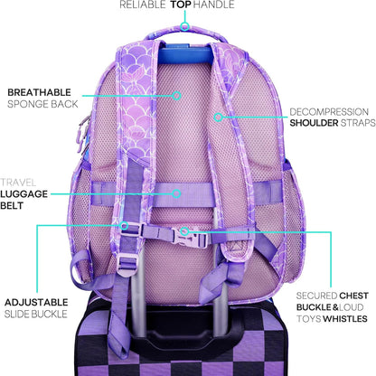 mibasies Girls Backpack: Large Kids Backpack Girls for Elementary School with Laptop Compartment - Mermaid Tail