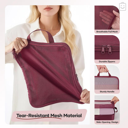 Veken 9/11 Set Compression Packing Cubes for Travel Essentials,Compressible Expandable Large Luggage Suitcase Organizer Bags for Clothing,Durable Space Saver Storage Bags with Toiletry Bags(Wine Red)