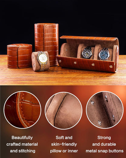 MR.OKAY 3 Watch Travel Case- Classic Leather Watch Case With Superb Texture.(Portable Watch Roll Or Organizer For Storage And Display).Festival Gift For Men, All Handcrafted By Artisans.