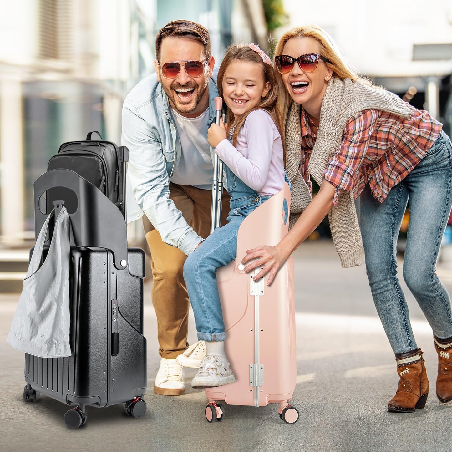 MRPLUM Ride On Luggage with Seat for Kids&Adults with Seat Belt,Hard Shell Lightweight Rolling Spinner Wheels Travel Luggage with TSA Lock,20 inch,Black