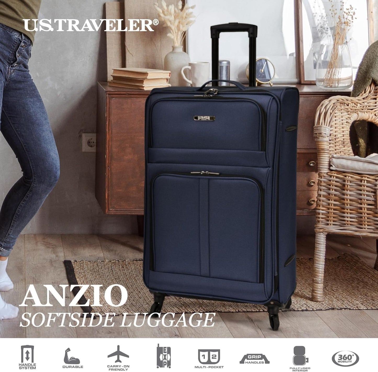 U.S. Traveler Anzio Softside Expandable Spinner Luggage, Navy, Checked-Large 30-Inch