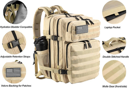 LHI Military Tactical Backpack for Men and Women 45L Army 3 Days Assault Pack Bag Large Rucksack with Molle System - Cream
