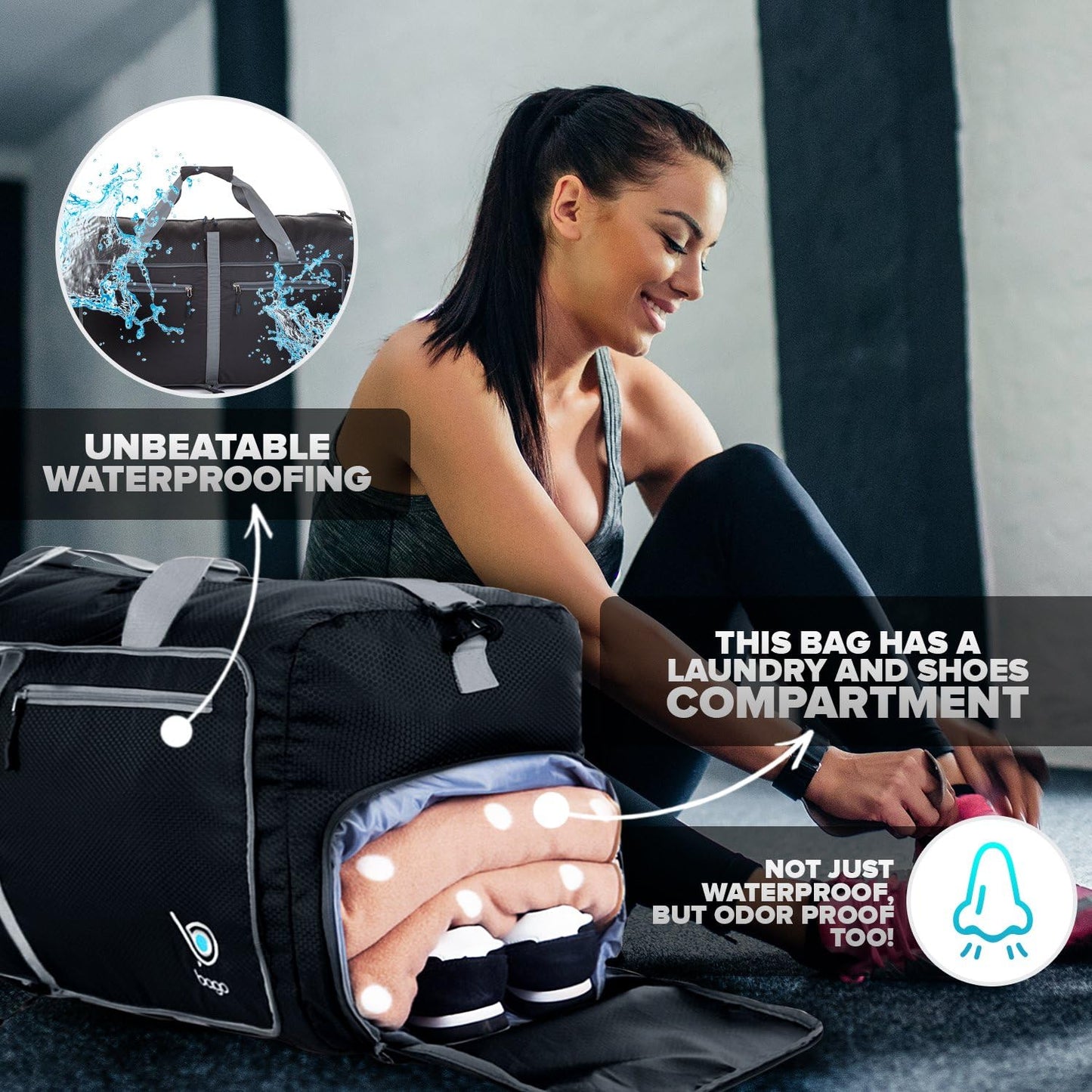 Bago Large Foldable Duffel Bags for Traveling Women & Men - 80L Packable Duffle Bag for Travel with Shoe Compartment - Water Repellant, Heavy Duty, Lightweight Folding & Collapsible (Black)