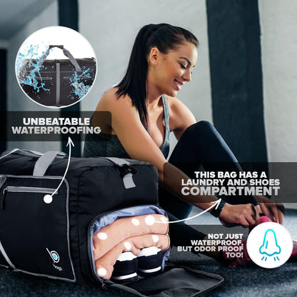 Bago Large Foldable Duffel Bags for Traveling Women & Men - 80L Packable Duffle Bag for Travel with Shoe Compartment - Water Repellant, Heavy Duty, Lightweight Folding & Collapsible (Black)