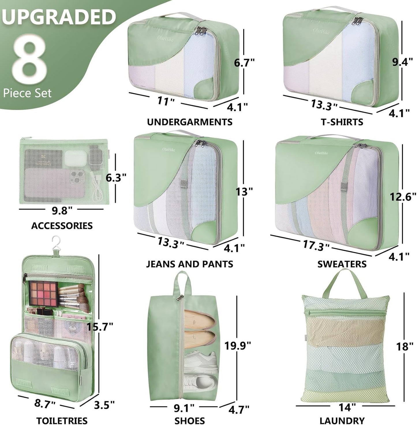 8 Set Packing Cubes for Travel, Anti-Tearing Suitcase Organizer for Luggage with Shoe & Hanging Toiletry Bag,Gifts for Women Mom,OlarHike Vacation Essentials & Accessories for Cruise Ship,Matcha Green