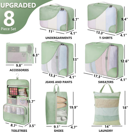 8 Set Packing Cubes for Travel, Anti-Tearing Suitcase Organizer for Luggage with Shoe & Hanging Toiletry Bag,Gifts for Women Mom,OlarHike Vacation Essentials & Accessories for Cruise Ship,Matcha Green