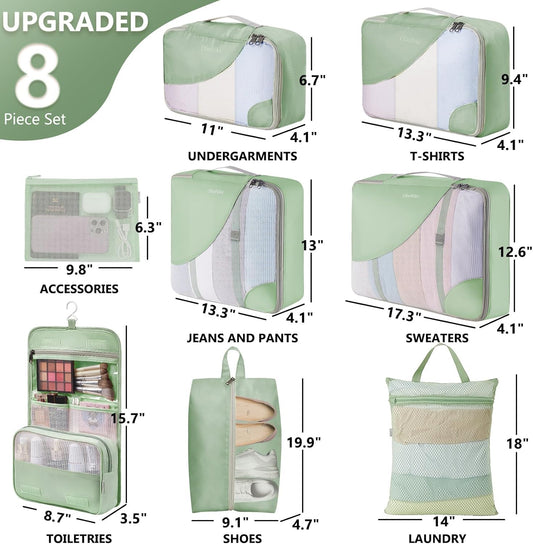 8 Set Packing Cubes for Travel, Anti-Tearing Suitcase Organizer for Luggage with Shoe & Hanging Toiletry Bag,Gifts for Women Mom,OlarHike Vacation Essentials & Accessories for Cruise Ship,Matcha Green