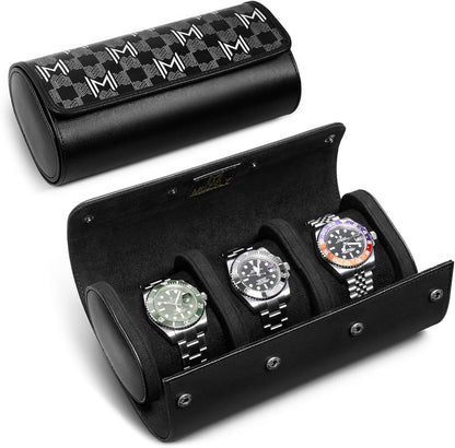 MOZSLY Watch Roll Travel Case 3 Slots Portable Watches Box Organizer Storage Holder Pattern PU Leather