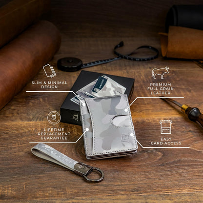 Kings Loot Money Clip Slim Minimalist Wallet for Men | RFID Blocking Leather Design with Money Clip | Front Pocket Bifold Holds 12 Cards | Stylish & Compact Wallets (Camo White)