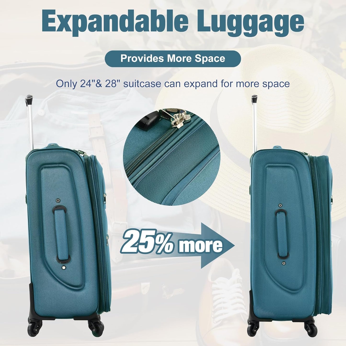 Merax Softside Luggage Set Softshell Lightweight 3 Piece Spinner Suitcase with Duffel Bag Expandable Upright Travel Luggage 22" 26" 30",Blue Green