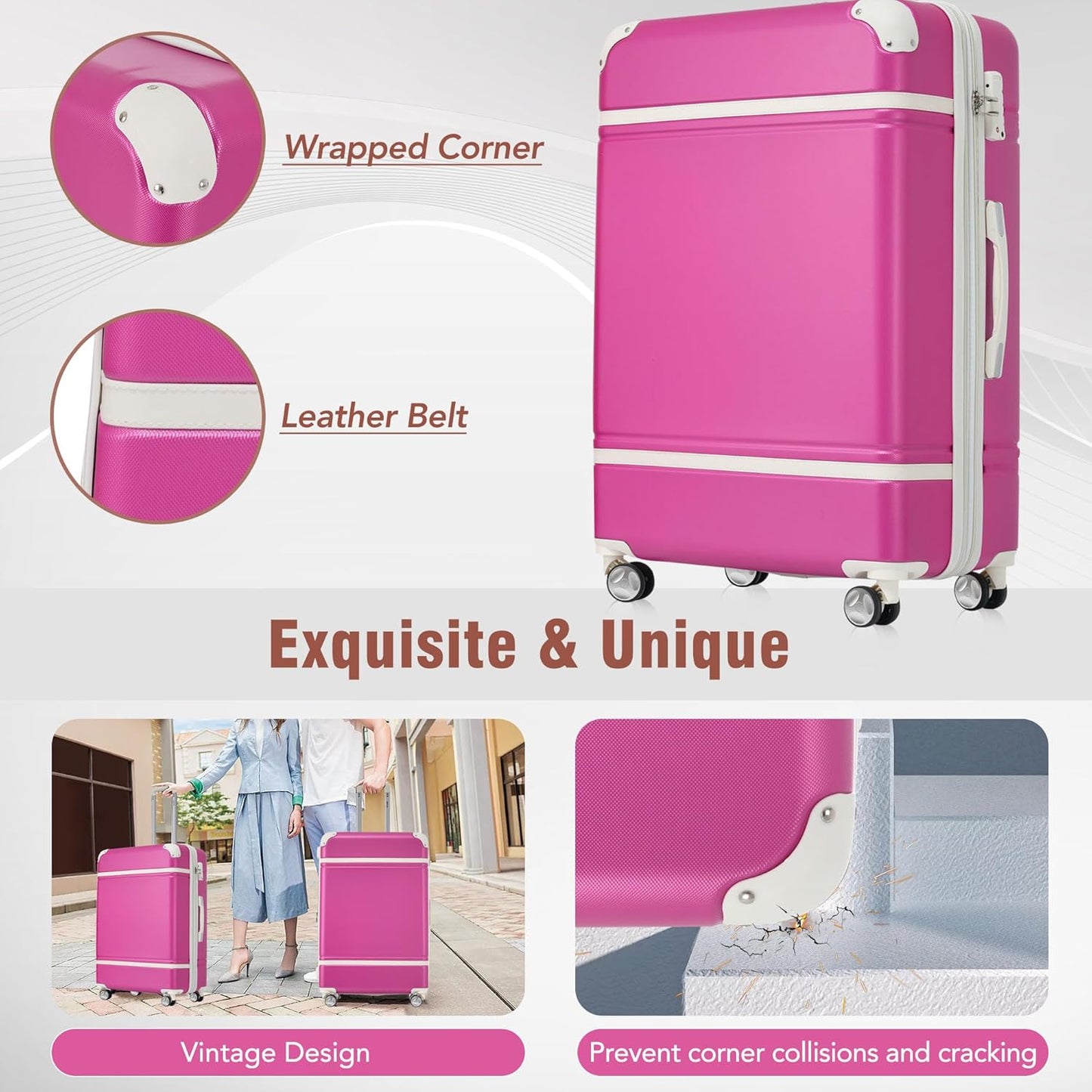 Merax Luggage Set 2 Piece Suitcase Set with Cosmetic Case Expandable Spinner Wheels Vintage Luggage Sets(Pink,20"+24")