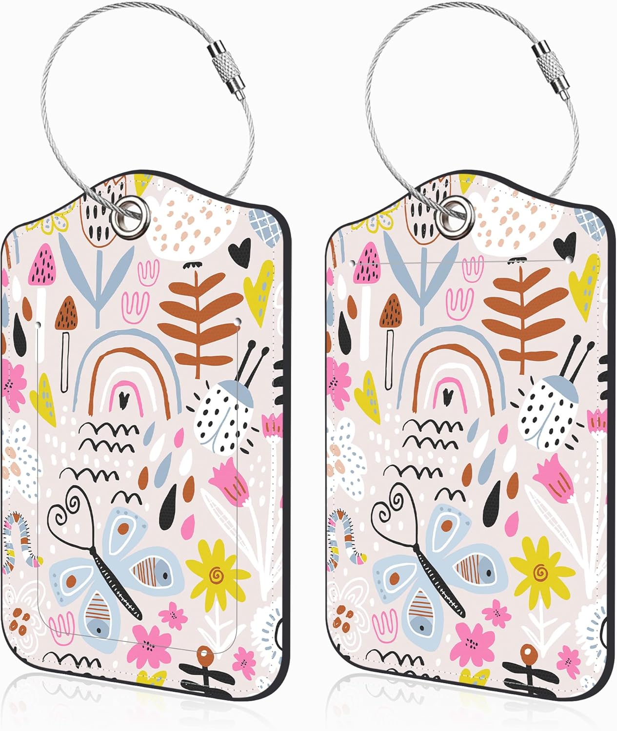 2 Pack Luggage Tags for Suitcases Rainbow Butterfly Mushroom Flower Leather Luggage Tags Privacy Cover ID Label with Stainless Steel Loop and Address Card for Women Men Travel Bag Backpack