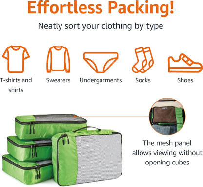 Amazon Basics Medium Packing Cubes for Travel, Packing Organizers, 4-Piece-Set With Double Zipper Pulls and Mesh Top Panel, 100% Durable Polyester, Green, 13.8"L x 9.8"W x 3"H
