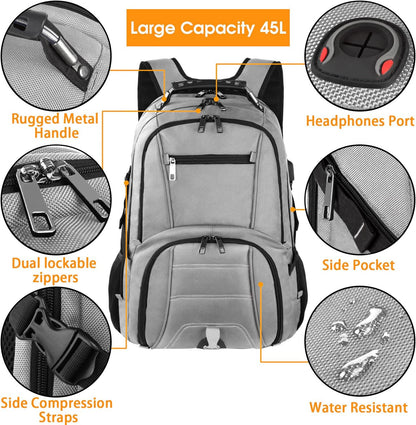 LTINVECK Extra Large 50L Travel Laptop Backpack, Computer bag Backbag with USB Charging Port, TSA Friendly Durable Big RFID Heavy Duty Business Tech Backpack Fits 17 Inch Laptops for Men Women, Grey