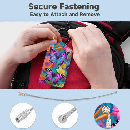 2 Pack Luggage Tag for Suitcase,Groovy Flowers Butterflies Leather Suitcase Tags Identifiers with Privacy Name Address Labels and Durable Steel Loop for Women Men Travel