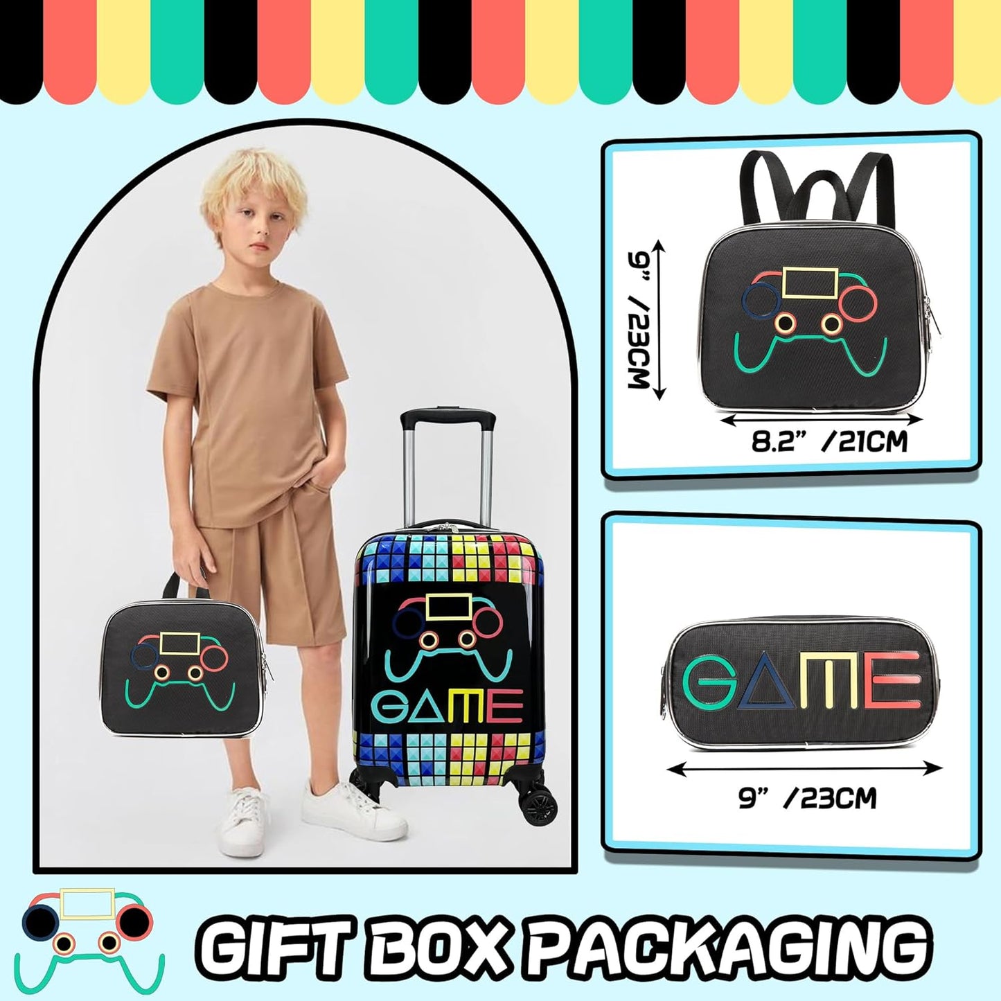 Kid’s Luggage Set 5 Piece Suitcase Set 16’’ Hardside Luggage with Spinner Wheels Girls Boys Carry on Luggage Travel Rolling Luggage Airline Approved