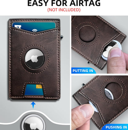 Airtag Wallet for Men,with Money Clip Gift Boxed,Slim Front Pocket Wallet RFID Blocking Metal Case Smart Pop-up Credit Card Holder in Magnetic Leather Flip