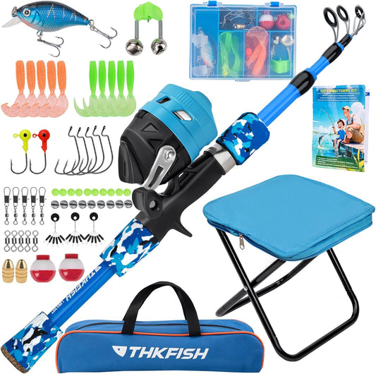Kids Fishing Pole Set, Telescopic Fishing Rod Reel Combo Kids Starter Kit with Lures Tackle Box, Foldable Stool and Portable Bag for Boys Girls Younth