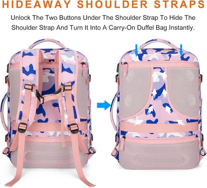 Travel Backpack 42L Carry on Backpack Flight Approved Expandable Travel Backpack Carry on Backpack Luggage Daypack (Pink Camouflage)