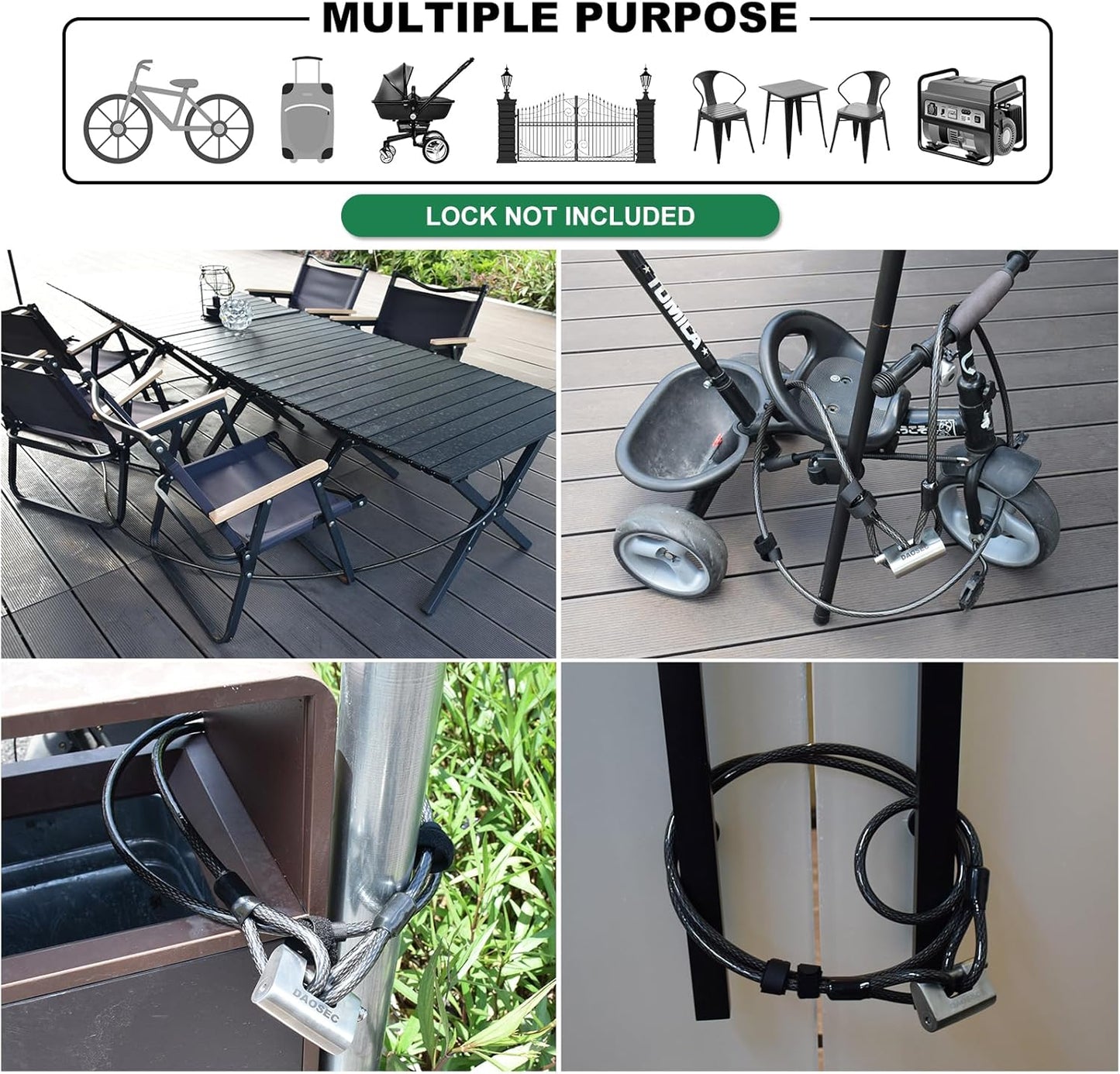 7 ft x 1/2" Heavy Duty Cut-Proof Security Cable | Flexible Vinyl-Coated Braided Steel with Looped Ends | Weatherproof Anti-Theft Locking Cable for Bikes, Gates, Kayaking & Outdoor Equipment