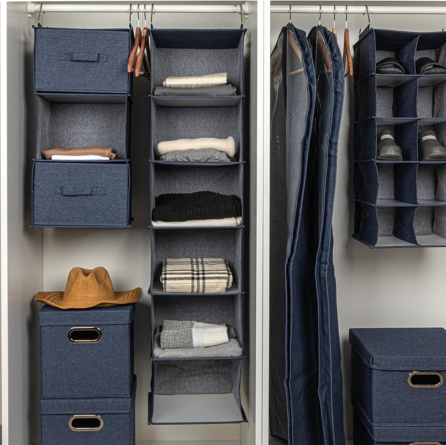 Household Essentials Hanging Cotton Blend Closet Organizer with 3 Storage Shelves, Denim